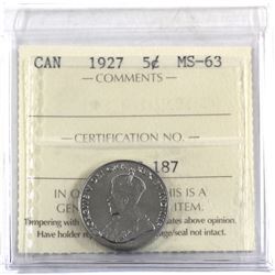 5-cent 1927 ICCS Certified MS-63.
