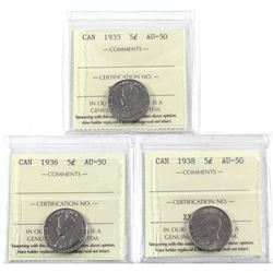 5-cent 1935, 1936, 1938 ICCS Certified AU-50. 3pcs.