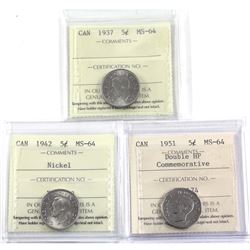 5-cent 1937, 1942 Nickel, 1951 Double HP Commemorative ICCS Certified MS-64. 3pcs.