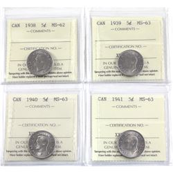 5-cent 1938 MS-62, 1939 MS-63, 1940 MS-63, 1941 MS-63. All coins are ICCS Certified.