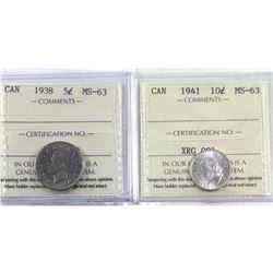 5-cent 1938 & 10-cent 1941 ICCS Certified MS-63. 2pcs.