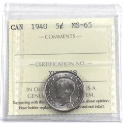 5-cent 1940 ICCS Certified MS-65. A full mint luster coin with exceptional eye appeal.