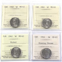 5-cent 1940, 1941, 1942 Nickel, 1944 Missing Chrome ICCS Certified MS-63. 4pcs.