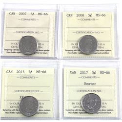 5-cent 2007, 2008, 2013, 2017 Beaver ICCS Certified MS-66. 4pcs.
