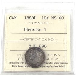 10-cent 1880-H Obv.1 ICCS Certified MS-60! Soft golden orange tones on reverse and light grey tones