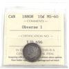 Image 1 : 10-cent 1880-H Obv.1 ICCS Certified MS-60! Soft golden orange tones on reverse and light grey tones