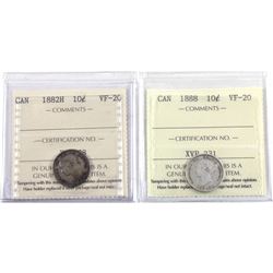 10-cent 1882-H & 1888 ICCS Certified VF-20. 2pcs.