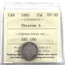 10-cent 1885 Obverse 4 ICCS Certified VF-30.
