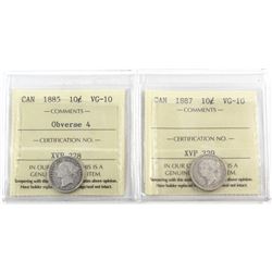 10-cent 1885 Obverse 4 & 1887 ICCS Certified VG-10. 2pcs