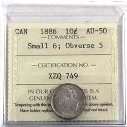 10-cent 1886 Small 6, Obverse 5 ICCS Certified AU-50. An attractive evenly toned coin with bright mi