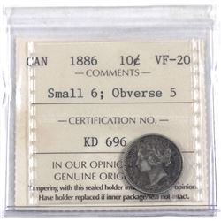 10-cent 1886 Small 6, Obverse 5 ICCS Certified VF-20.