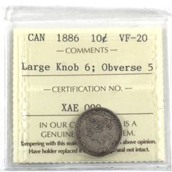10-cent 1886 Large Knob 6, Obverse 5 ICCS Certified VF-20