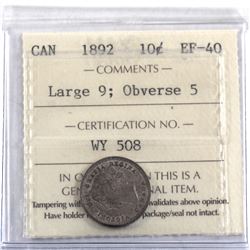 10-cent 1892 Large 9 Obverse 5 ICCS Certified EF-40.