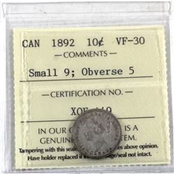 10-cent 1892 Small 9 Obverse 5 ICCS Certified VF-30.