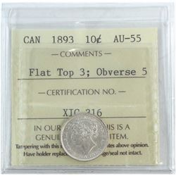 10-cent 1893 Flat Top 3 Obverse 5 ICCS Certified AU-55. *Scarce Obverse*