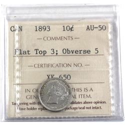 10-cent 1893 Flat Top 3, Obverse 5 ICCS Certified AU-50. *Scarce Obverse*