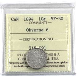 10-cent 1894 Obverse 6, ICCS Certified VF-30