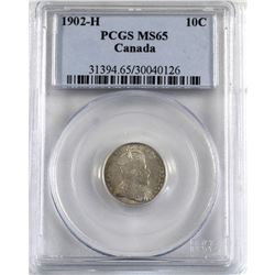 10-cent 1902-H PCGS Certified MS-65. A lustrous coin with hints of golden toning.