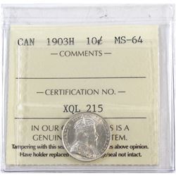 10-cent 1903H ICCS Certified MS-64. Lustrous white coin.