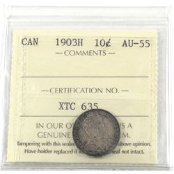 10-cent 1903-H ICCS Certified AU-55! Light to medium tones over lustrous fields.