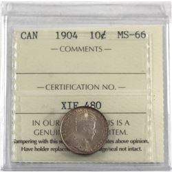 10-cent 1904 ICCS Certified MS-66! A nice high grade example, worth a premium bid.
