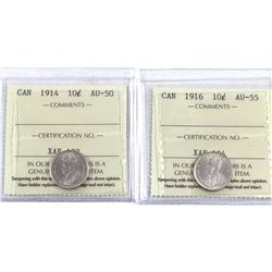 10-cent 1914 ICCS Certified AU-50 & 1916 ICCS Certified AU-55. 2pcs