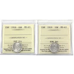 10-cent 1918 & 1919 ICCS Certified MS-63. Both coins contain strong strike details with bright mint