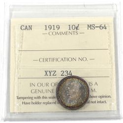 10-cent 1919 ICCS Certified MS-64. Amazing toning! Very stunning rainbow toning with underlying lust