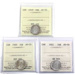 10-cent 1919 AU-50, 1920 AU-55, & 1921 AU-50. All coins graded by ICCS. 3pcs.