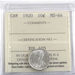 10-cent 1920 ICCS Certified MS-64. A bright, full mint luster coin.