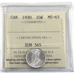 10-cent 1930 ICCS Certified MS-63. Blast white coin with full mint luster.