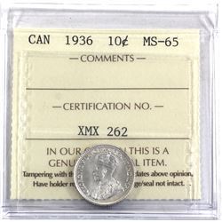 10-cent 1936 ICCS Certified MS-65. An exceptionally attractive coin with hints of golden toning.