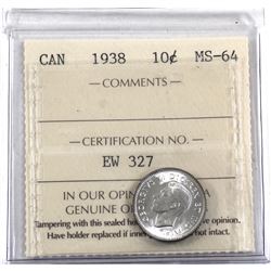 10-cent 1938 ICCS Certified MS-64. A full mint luster coin with soft satin fields.