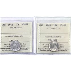 10-cent 1943 & 1946 ICCS Certified MS-64. 2pcs.