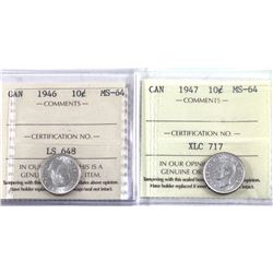 10-cent 1946 & 1947 ICCS Certified MS-64. 2pcs.