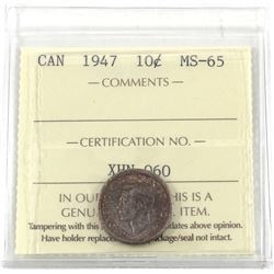 10-cent 1947 ICCS Certified MS-65! A well struck coin with near flawless fields accented with soft v
