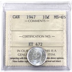 10-cent 1947 ICCS Certified MS-65. Blast White Coin!