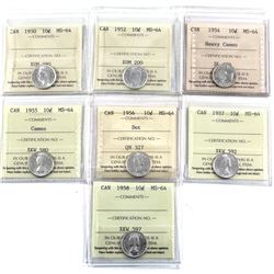 10-cent 1950, 1952, 1954 Heavy Cameo, 1955 Cameo, 1956 Dot, 1957, and 1958 ICCS Certified MS-64. 7pc