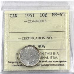 10-cent 1951 ICCS Certified MS-65.