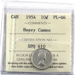 10-cent 1954 ICCS Certified PL-66 Heavy Cameo.