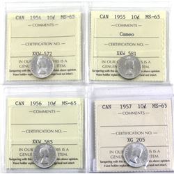 10-cent 1954, 1955 Cameo, 1956, & 1957 ICCS Certified MS-65. 4pcs.