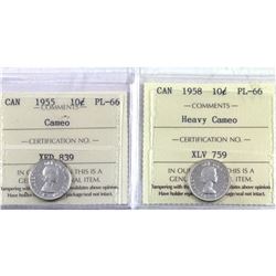 10-cent 1955 Cameo & 1958 Heavy Cameo ICCS Certified PL-66. 2pcs.