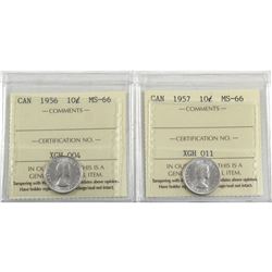10-cent 1956 & 1957 ICCS Certified MS-66. 2pcs