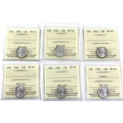 10-cent 1960, 1961, 1962, 1963, 1964, & 1964 Cameo ICCS Certified MS-65. 6pcs.