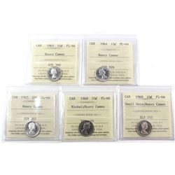 10-cent 1963, 1964, 1965, 1968 Nickel & 1969 Small Date ICCS Certified PL-66 Heavy Cameo. 5pcs