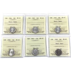 10-cent 1964 Heavy Cameo, 1965, 1965 Heavy Cameo, 1966, 1967, & 1969 Small Date ICCS Certified MS-65