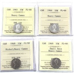 10-cent 1965, 1966, 1968 Nickel, and 1969 Small Date ICCS Certified PL-66 Heavy Cameo. 4pcs.