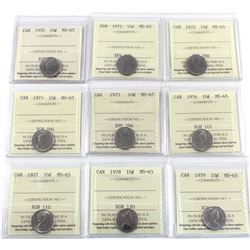 10-cent 1970, 1971, 1972, 1973, 1975, 1976, 1977, 1978, & 1979 ICCS Certified MS-65. 9pcs.