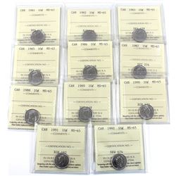 10-cent 1981, 1982, 1983, 1985, 1986, 1987, 1988, 1989, 1990, 1991, & 1992 ICCS Certified MS-65. 11p