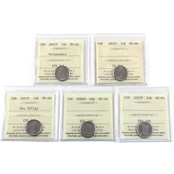10-cent 2001P Volunteers, 2002P, 2003P New Effigy, 2004P, & 2005P ICCS Certified MS-66. 5pcs.
